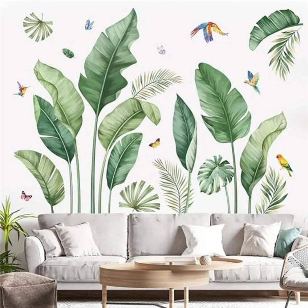 Tropical Palm Leaf Wall Decals Green Banana Leaves Nature Wall Stickers for Room